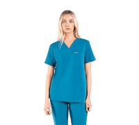 SKRUBZ Kaizen Womens Scrubs Top | Tailored Fit V-Neck Nurse Tunic | Short Sleeve Design with Side Slits | Breathable 4-Way Stretch | Wrinkle Resistant Medical Uniform, Caribbean Blue, M