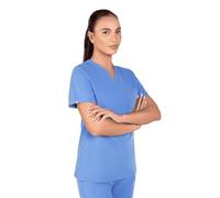 SKRUBZ Kaizen Womens Scrubs Top | Tailored Fit V-Neck Nurse Tunic | Short Sleeve Design with Side Slits | Breathable 4-Way Stretch | Wrinkle Resistant Medical Uniform, Sky Blue, M