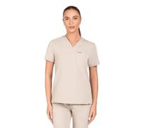 SKRUBZ Kaizen Womens Scrubs Top | Tailored Fit V-Neck Nurse Tunic | Short Sleeve Design with Side Slits | Breathable 4-Way Stretch | Wrinkle Resistant Medical Uniform, Sand Stone, M