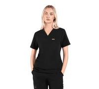 SKRUBZ Kaizen Womens Scrubs Top | Tailored Fit V-Neck Nurse Tunic | Short Sleeve Design with Side Slits | Breathable 4-Way Stretch | Wrinkle Resistant Medical Uniform, Black, XS
