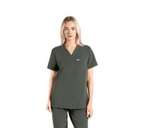 SKRUBZ Kaizen Womens Scrubs Top | Tailored Fit V-Neck Nurse Tunic | Short Sleeve Design with Side Slits | Breathable 4-Way Stretch | Wrinkle Resistant Medical Uniform, Moss Green, M