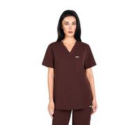 SKRUBZ Kaizen Womens Scrubs Top | Tailored Fit V-Neck Nurse Tunic | Short Sleeve Design with Side Slits | Breathable 4-Way Stretch | Wrinkle Resistant Medical Uniform, Chocolate Brown, L