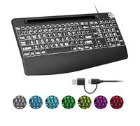 Sksyloo Wired Large Print Keyboard with 7 Colored Backlits,Rechargeable,with Phone Holder &Wrist Rest, Lighted up Full Size Keyboard for Mac Windows Laptop PC, Black