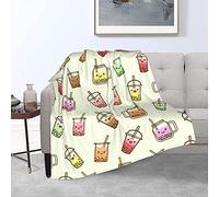 SKT T1 Boba Bubble Tea Blanket Kawaii Smiled Drinks with Tapioca Pearls Throw Blanket for Kids Girls, Ice Milk Tea Cozy Flannel Blanket Soft Lightweight Fluffy Sofa Plush Fleece Blanket 60"x50"