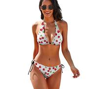 SKT T1 Women's 2 Piece Bikini Sets Swimsuit Bathing Suits Triangle Halter High Cut Bikini Fashion Novelty Swimwear, Red Cherry, Large