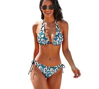 SKT T1 Women's 2 Pieces Bikini Set Summer Beach Swimsuit Bathing Suits Halter Triangle Tie Side Padded Bikini Swimwear, Blue Butterfly, Medium