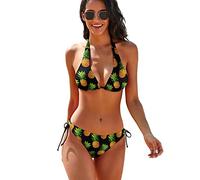 SKT T1 Women's Bikini Set 2 Piece Swimsuits for Women, Halter Bikini Tops Triangle Bottoms Beach Bathing Suit, Pineapple Black, Large