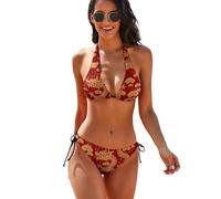 SKT T1 Women's Dragon Bikini 2 Piece Red Pattern Print Bathing Suits Halter Swimsuit with Padded Bra and Triangle Bottoms, Red Dragon, S