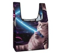 SKTNBM Reusable Shopping Bags,Space Laser Cat Print Foldable Grocery Bags,Folding Gift Tote Bags,Travel Recycle Shopping Bags, Space Laser Cat, One Size