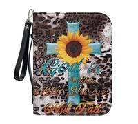 Sktodyaw Cross Leopard Sunflower Print PU Leather Bible Cover Waterproof Bible Cover case God is Within Her Large Bible Protective with Handle Zipper Bible Carrying Case, 2XL