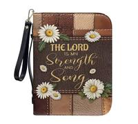 Sktodyaw Patchwork Daisy Cross Print Portable Bible Cover Case for Women Men Book Cover with Handle PU Leather Church Bible Accessories Lord is My Strength Detachable Wristlet Strap Church Bag, 2XL