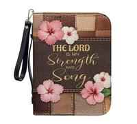 Sktodyaw Patchwork Hibiscus Cross Print Large Capacity Bible Cover PU Leather Bible Carrying Case Wristlet Strap Church Study Bible Bag with Pockets Lord is My Strength Book Accessories, L