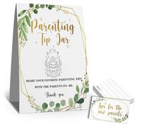 skuhyyg Parenting Tip Jar Sign, Parenting Advice Card, Advice for New Parents, Eucalyptus Gold Green Baby Shower Party(1Sign+50, TCards), Tips for the Parents To Be