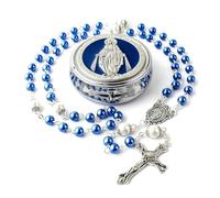 Skuijvan Rosary Catholic, Classic Beads Rosary Chain with Cross, Elegant Blue in Round Metal Case, Wonderful Gift Confirmation Girl for Holy First Communion or Christening