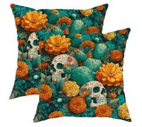 Skull and Cactus Throw Pillow Covers Set of 2, Vibrant Green Marigold Floral Cushion Cases, Day of The Dead Decorative Pillows for Living Room Sofa Home Decor 18x18 Inch