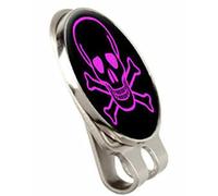 SKULL AND CROSSBONES FUSION CAP OR HAT CLIP AND MAGNETIC GOLF BALL MARKER BY ASBRI GOLF. PINK SKULL, BLACK BACKGROUND.