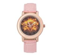 Skull and Flame Women's Leather Watch Easy Reader Minimalist Wristwatch Pink Rose Gold Strap Watches