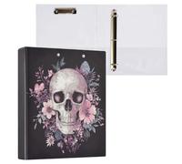 Skull and Floral Gothic Black and Purple 3 Ring Binder 1.5" Decorative D-Ring Binder with Clipboard&3 Clear Pockets, Holds 200 Sheets A4 Size Paper Waterproof Binders for School Home Office