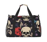 Skull and Flower Print Foldable Carry On Tote Large Capacity Hand Carry Bag for Airplane Weekend Getaways