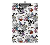 Skull and Flowers Day of The Dead A4 Size Clipboard Funny Aesthetic Working Studying Letter Standard Clip Board 12.5×8.5 in Hardboard for School Classroom Kids Writing Drawing