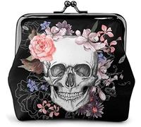 Skull and Flowers Day of The Dead Leather Coin Purse Small Kiss-Lock Change Pouch Clasp Closure Buckle Wallet for Women Girl