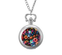 Skull and Flowers Day of The Dead Pocket Watch Vintage Quartz Pocket Watches with Chain for Men Women Silver-Style