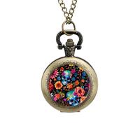 Skull and Flowers Day of The Dead Pocket Watch Vintage Quartz Pocket Watches with Chain for Men Women Coppery-Style