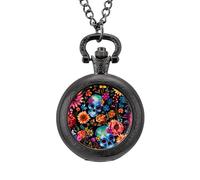 Skull and Flowers Day of The Dead Pocket Watch Vintage Quartz Pocket Watches with Chain for Men Women Black-Style