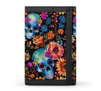 Skull and Flowers Day of The Dead Trifold Wallet Slim Wallets with ID Window Credit Card Pockets for Men Women