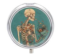 Skull and Flowers Pill Box Cute Round Pill Case Portable Medicine Tablet Vitamin Holder Organizer for Purse Pocket