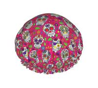 Skull And Green Leaves Print Lightweight And Elasticated Waterproof Shower Cap, Double Layer Waterproof Hair Cap