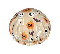 Skull And Halloween Pumpkin Waterproof Shower Cap,Elastic Bathing Hair Cap Environmental Protection Hair Bath Caps, Double WaterproofBathing Shower Hat