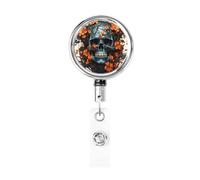 Skull and Leaves Retractable Id Badge Holder Badge Reels with Clip Cute Name Card Holder for Office Worker Doctor Nurse Teacher