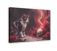 Skull And Red Rose Dark Gothic Fantasy Cat Canvas Poster Bedroom Decor Landscape Office Room Decor Gift 8" L X 12" W