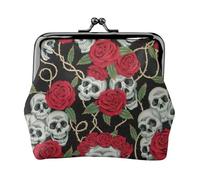 Skull and Red Rose Print Fashion Ms Leather Pouch Portable Wallet Kiss-Lock Money Bag Cute Clutch Fo Women