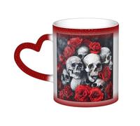 Skull and Red Rose Print Mystical Color Changing Mug, Black to White Thermal Mug for Coffee Tea Home Office
