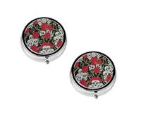 Skull and Red Rose Print Pill Box, Round Pill Organizer, 3 Compartment Small Pill Case for Purse & Pocket, Portable Medicine Box, Travel Pill Case