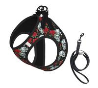Skull And Red Rose Print Reflective Pet Leash Vest For Small Dogs & Cats, Adjustable Outdoor Walking Hiking Vest