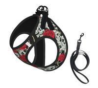 Skull And Red Rose Print Small Dog Harness And Leash Set, Adjustable Soft Vest With 360° Reflective Straps For Cats Puppy