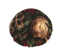 Skull and Red Rose Printed Large Shower Cap, Double Layer Hair Protector For Facial Care, Reusable Hair Wrap