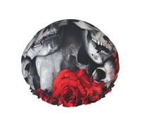Skull and Red Rose Printed Large Shower Cap, Double Layer Hair Protector For Facial Care, Reusable Hair Wrap