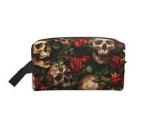Skull and Red Rose Printed Toiletry Storage Bag, Large Capacity Organizer Pouch for Power Bank and Cables Use