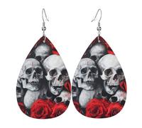 Skull and Red Rose Printed Water Drop Earrings, Lightweight Leather Teardrop Dangle for Date and Party