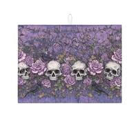 Skull and Rose Dish Drying Mats For Kitchen Counter, Gothic Floral Absorbent Dish Drainer Mat, Vintage Microfiber Drying Pad For Kitchen Protector 18x24 Inch