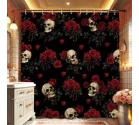 Skull and Rose Shower Curtain, Black Floral Bathroom Decor for Halloween, Gothic Red Rose Waterproof Fabric Shower Curtain Set with Hooks 72x78 Inch