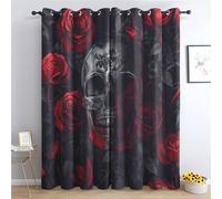 Skull and Roses Blackout Curtains for Living Room, Death Skeleton Curtains for Bedroom, Thermal Insulated Eyelet Black Gothic Window Treatments 72 Drop, 2 Panels Drapes (W52 x L72)