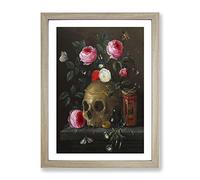 Skull And Roses By Jan Van Kessel Classic Painting Framed Print | A4 Oak Framed Wall Art | Ready to Hang | Classic Skull Picture | Living Room Bedroom Lounge Office