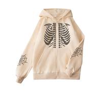 Skull and Spider Web Print Zip-Up Hoodie Men's Y2K Goth Skeleton Fashionable Lightweight Jacket Casual Sports Sweatshirt (Khaki, 3XL)