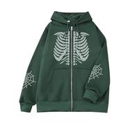 Skull and Spider Web Print Zip-Up Hoodie Men's Y2K Goth Skeleton Fashionable Lightweight Jacket Casual Sports Sweatshirt (Green, 3XL)