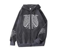 Skull and Spider Web Print Zip-Up Hoodie Men's Y2K Goth Skeleton Fashionable Lightweight Jacket Casual Sports Sweatshirt (Gray, 3XL)